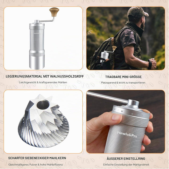 M7 Manuelle Kaffeemühle, scharfer Heptagona-Fräser, Walnuss-Griff, 48 Einstellungen, dreilagiger Kaf