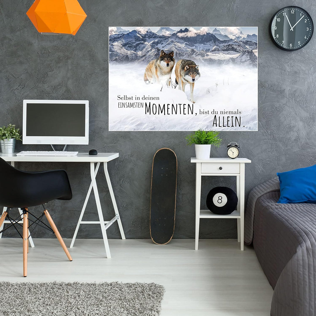 wandmotiv24 Poster als Wanddeko, Grösse 100x70cm, Wolfsrudel, Niemals allein, Wölfe, Wolf, Berge, Ti