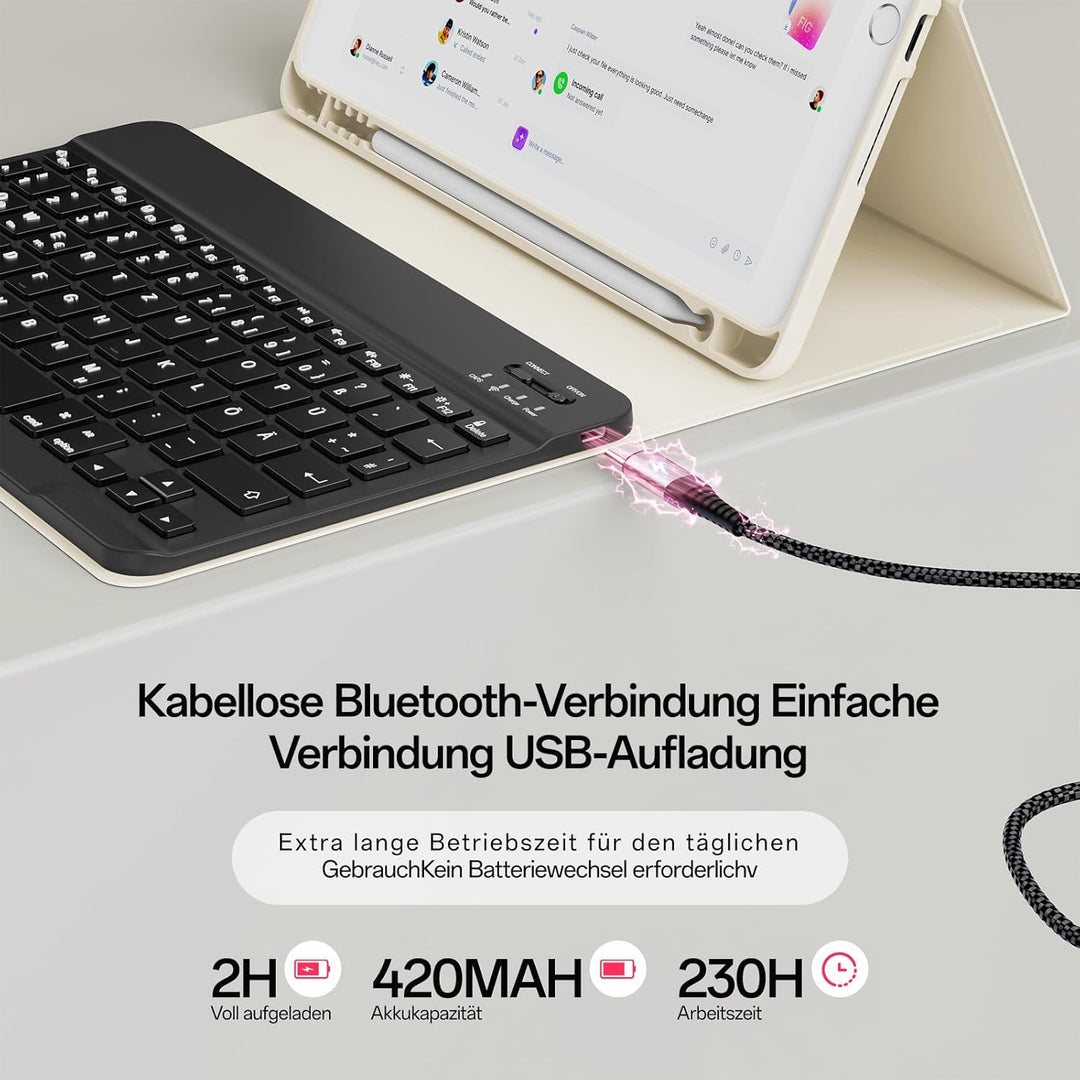 Hülle mit Tastatur für iPad 9/8/7 Generation (2021/2020/ 2019), Weiche TPU Rückseite mit Stifthalter