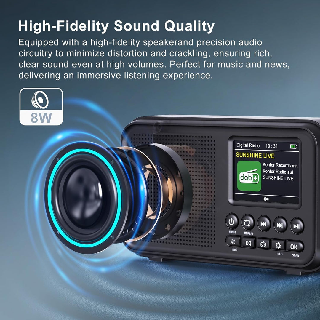 Tragbares DAB/DAB+ Radio, UKW Digitalradio mit 3000-mAh Akku, wiederaufladbares FM Radio mit Bluetoo