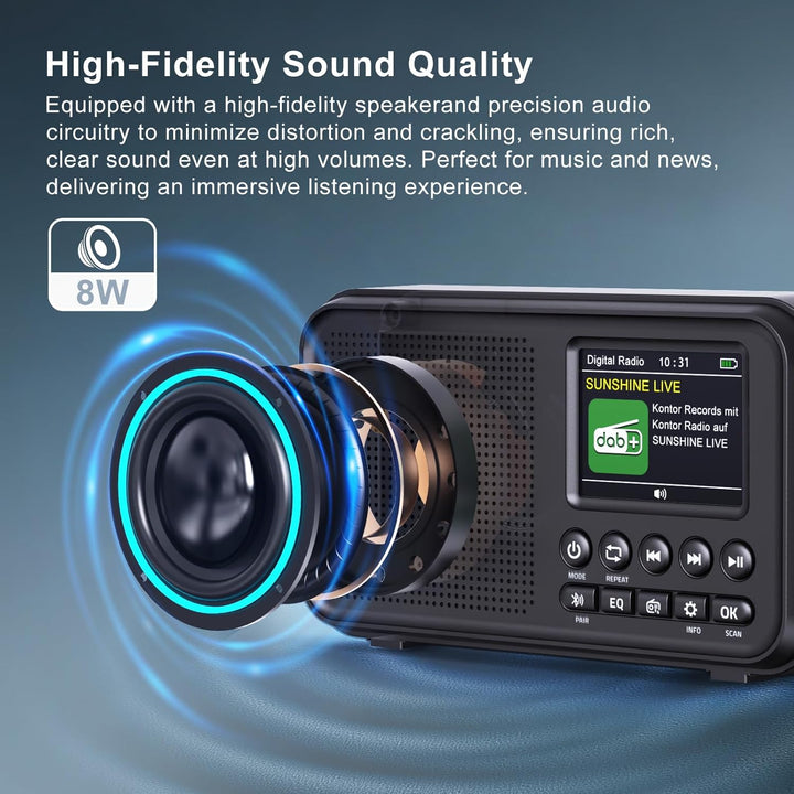 Tragbares DAB/DAB+ Radio, UKW Digitalradio mit 3000-mAh Akku, wiederaufladbares FM Radio mit Bluetoo