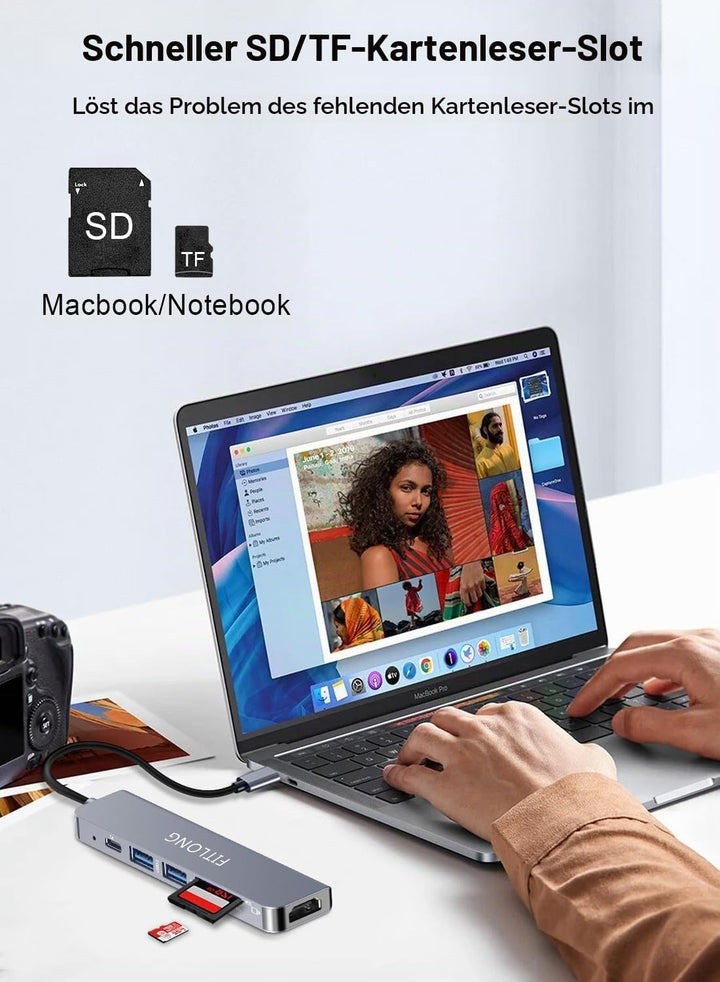 FITLONG USB C Hub, USB C Adapter kompatibel mit MacBook Pro / Air Adapter, 6 in 1 mit 4K HDMI Ausgan