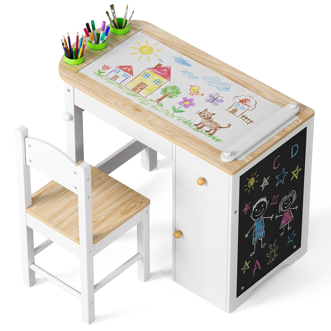 Clevich Kinder Tisch Stuhl Set mit Tafel, Kindertisch Holz, Weiss