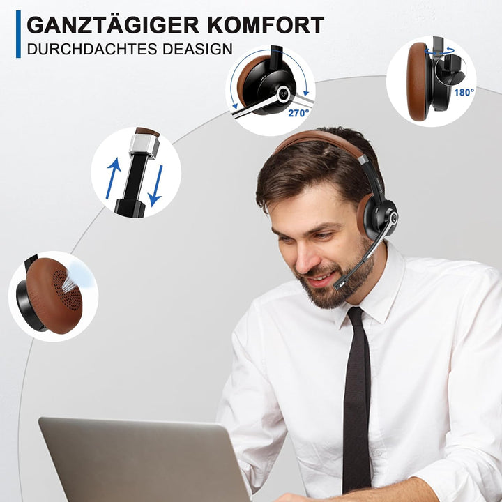 Conambo Bluetooth Headset mit Mikrofon,Kabelloses Headset mit Mikrofon mit HD Stereo Sound & 25 Stun
