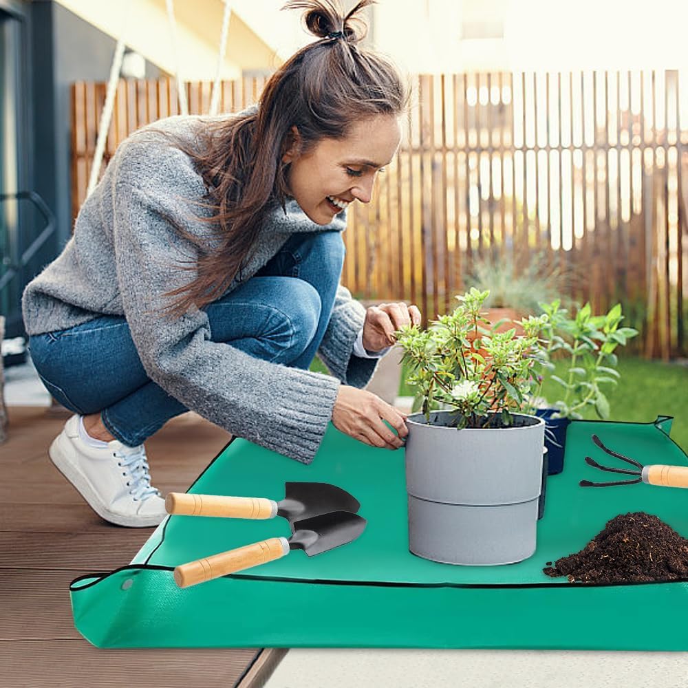 2 Stück Pflanzunterlage, 100x100cm wasserdichte Gartenmatte Pflanzmatte mit 3 Gartenschaufel, Handsc