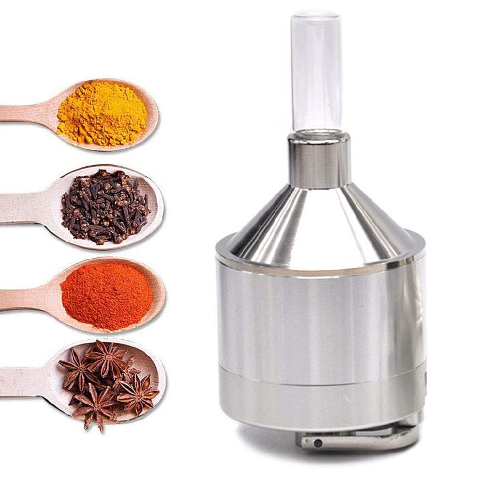 Manuelle Pulvermühle aus Aluminium mit Glasflasche und Trichter, handgekurbelte Metallmühle, geeigne
