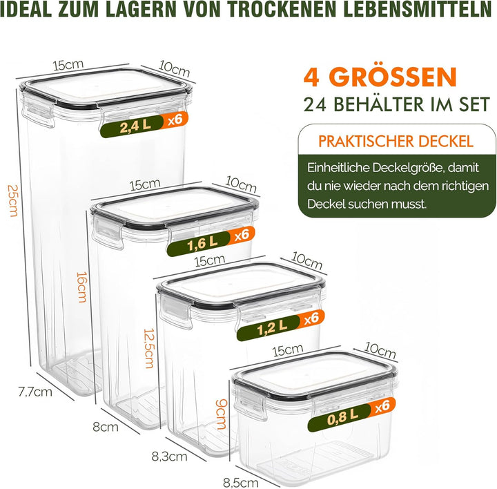 Theo&amp;Cleo Vorratsdosen Mit Deckel Luftdicht (4 Grössen), 24er Set Organizer Box, BPA-frei Aufbewahru