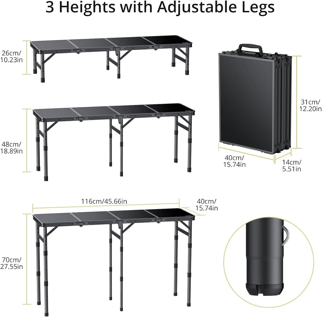 Anbte 4-Fach Campingtisch Klappbar 116x40cm, 3 Höhenverstellbar 26/48/70cm 116x40x70cm, 116x40x70cm