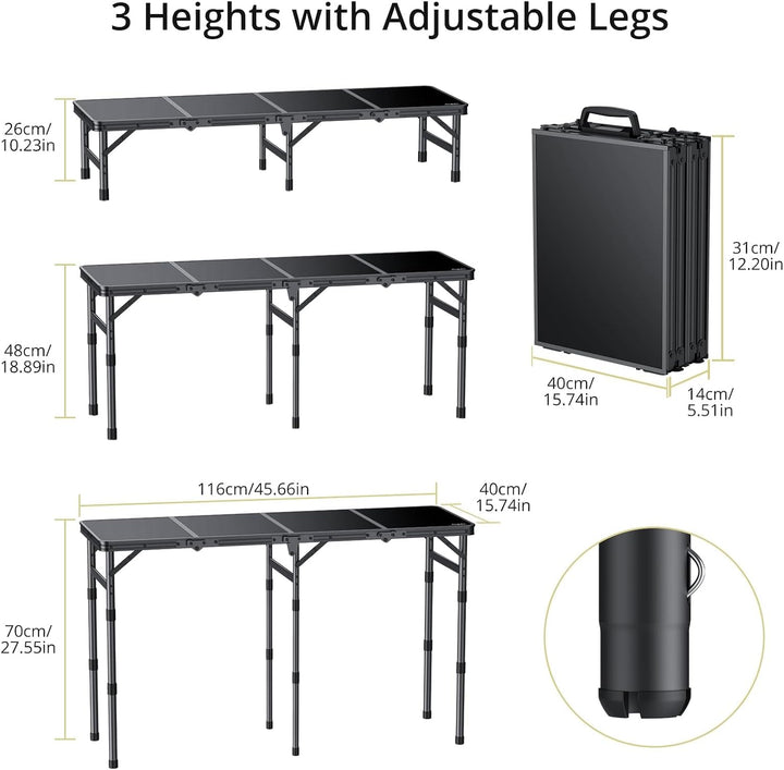 Anbte 4-Fach Campingtisch Klappbar 116x40cm, 3 Höhenverstellbar 26/48/70cm 116x40x70cm, 116x40x70cm