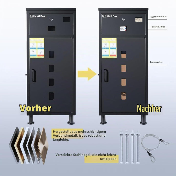 Paketbox Briefkasten Mit Paketfach Brieffächer, Verstellbare Stützhöhe 8-12 cm, Diebstahlsicherung,