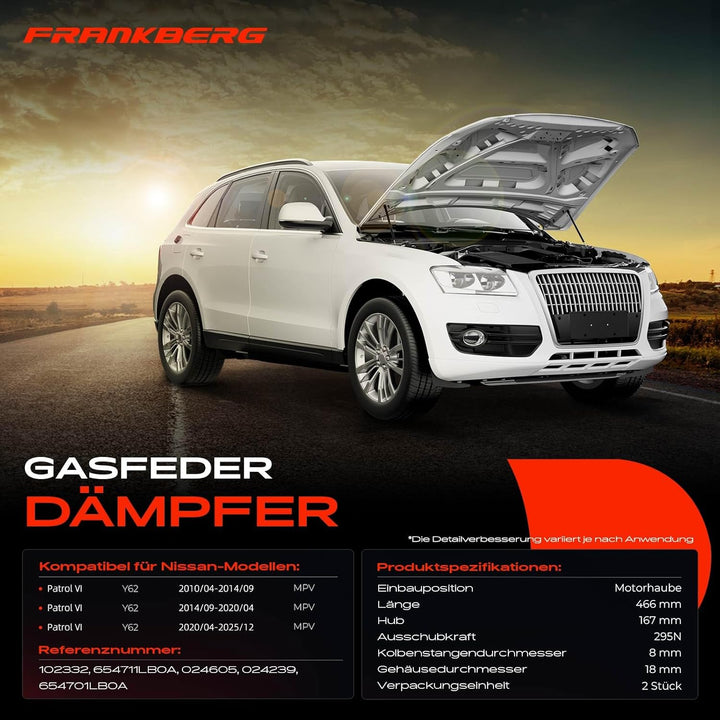 Frankberg 2x Gasfeder Motorhaube Kompatibel mit Patrol VI Y62 Benzin 5.6L 2010-2024 Replace# 654701L