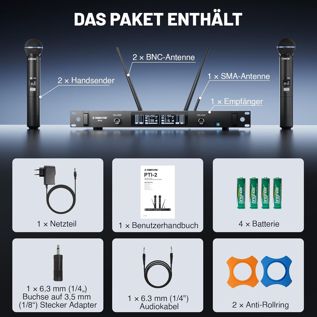 Phenyx Pro UHF Smart Funkmikrofonsystem, 2 kabellose dynamische Mikros mit Auto-Scan & Sync, adaptiv