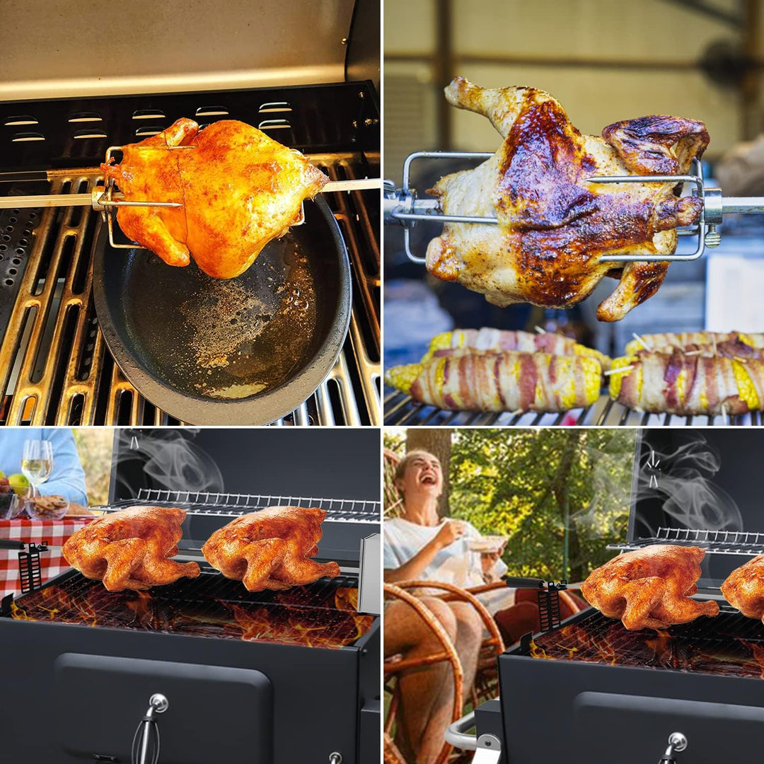 Grillspiess Set, Edelstahl Rotisserie mit 4X Fleischnadeln BBQ Fleischklammer, Griffstück, Motor Ele