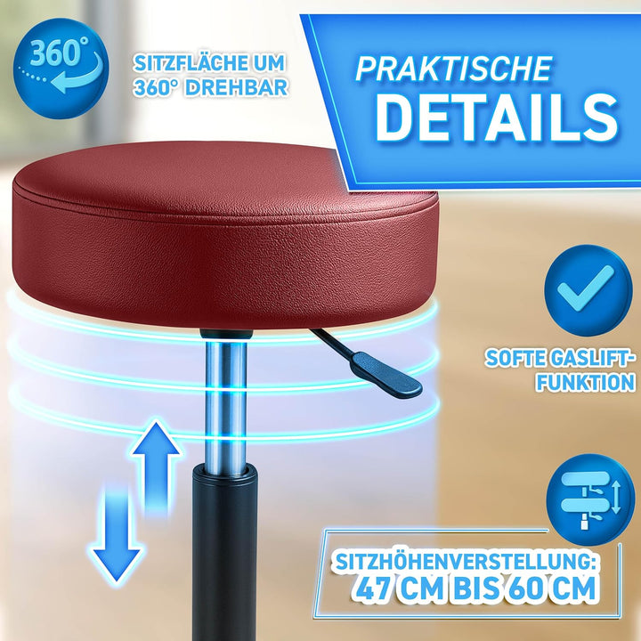 TRESKO® Rollhocker höhenverstellbar 10 cm Dicke Polsterung bis 150 kg | Hocker 47-60cm | Arbeitshock