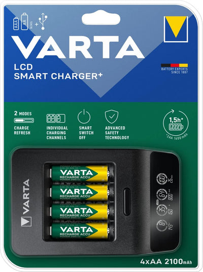 VARTA Akku Ladegerät, inkl. 4x AA 2100mAh, Batterieladegerät für wiederaufladbare AA/AAA, LCD Smart