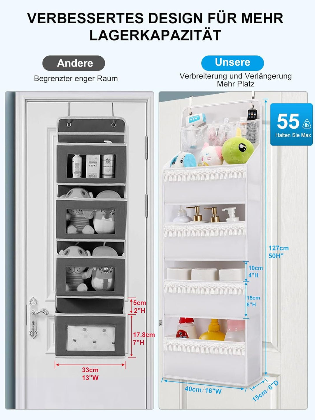 Über der Tür Organizer – Boho-Kinderzimmer-Hänge-Organizer mit Quasten – Aufbewahrung hinter der Tür