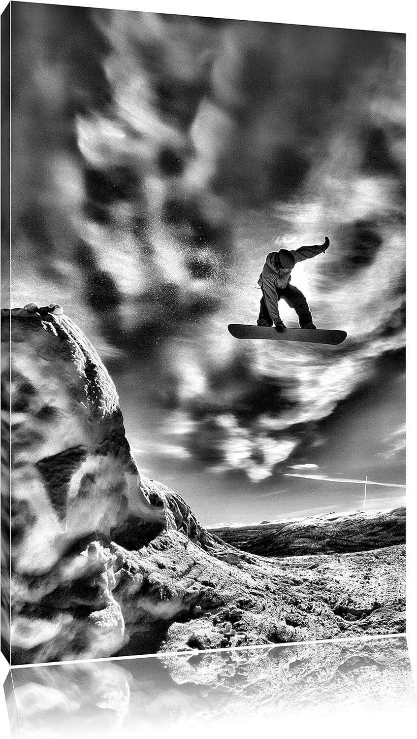 Monocrome, Snowborder, Format: 100x70 auf Leinwand, XXL riesige Bilder fertig gerahmt mit Keilrahmen