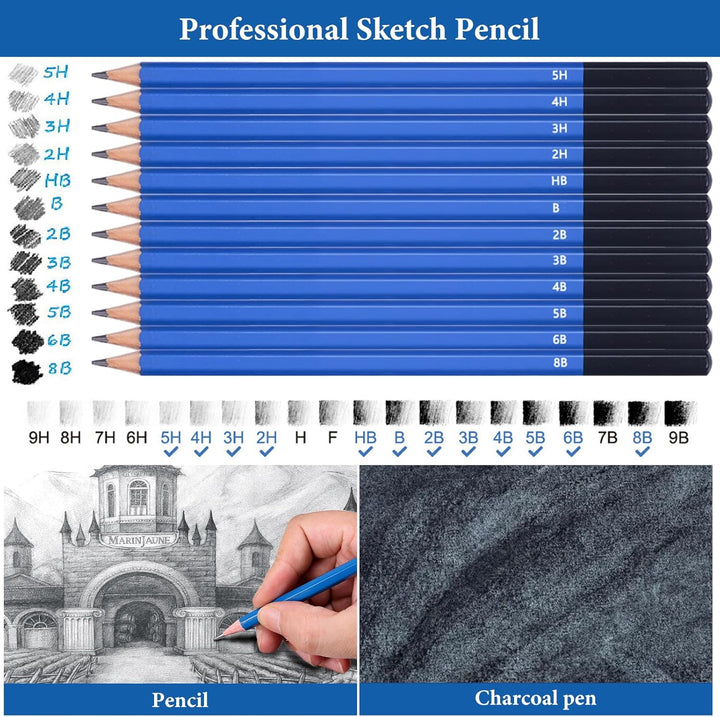 33 Stück Zeichen Set - Zeichen und Skizzier Set mit Skizzierstiften, Graphitstiften und Holzkohlesti