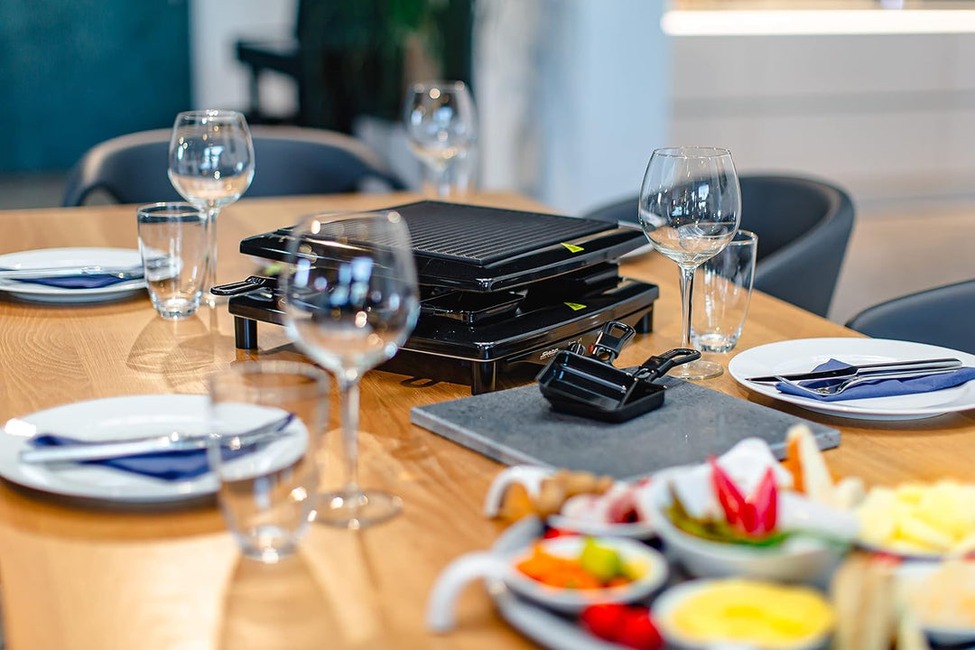 Steba Made in Germany Raclette, Wendbare emaillierte Gusseisen-Grillplatte + Natursteinplatte, 8 Spü