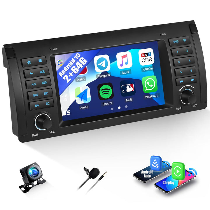 CAMECHO 2+64G Autoradio 7 Zoll Navi für BMW E39 E53 M5 X5 mit Rückfahrkamera, Android 13 Wireless Ca