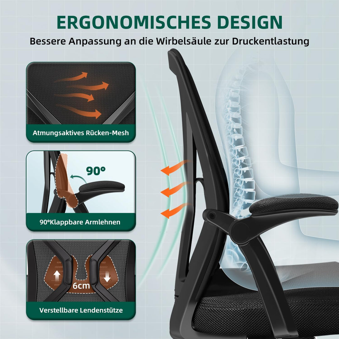 Bürostuhl Ergonomisch,Schreibtischstuhl mit Hochklappbaren Armlehnen, Einstellbarer Lendenstütze, Wi
