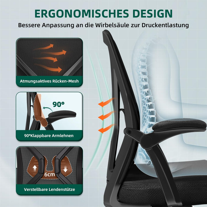 Bürostuhl Ergonomisch,Schreibtischstuhl mit Hochklappbaren Armlehnen, Einstellbarer Lendenstütze, Wi