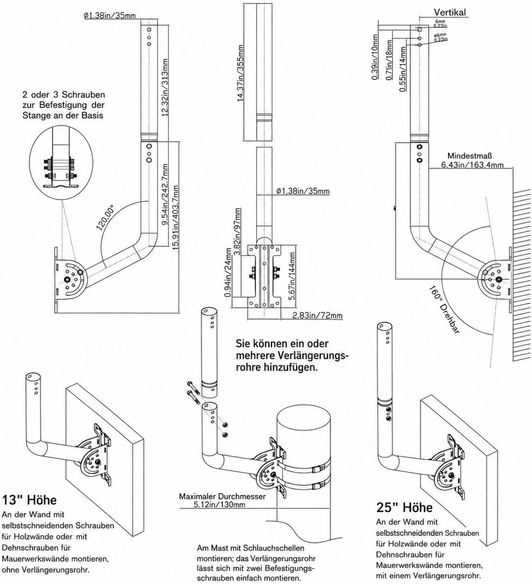 Universeller Antennenmast für Fernseh-, Satelliten-, Radio- und WLAN-Antennen - Verstellbarer Stände