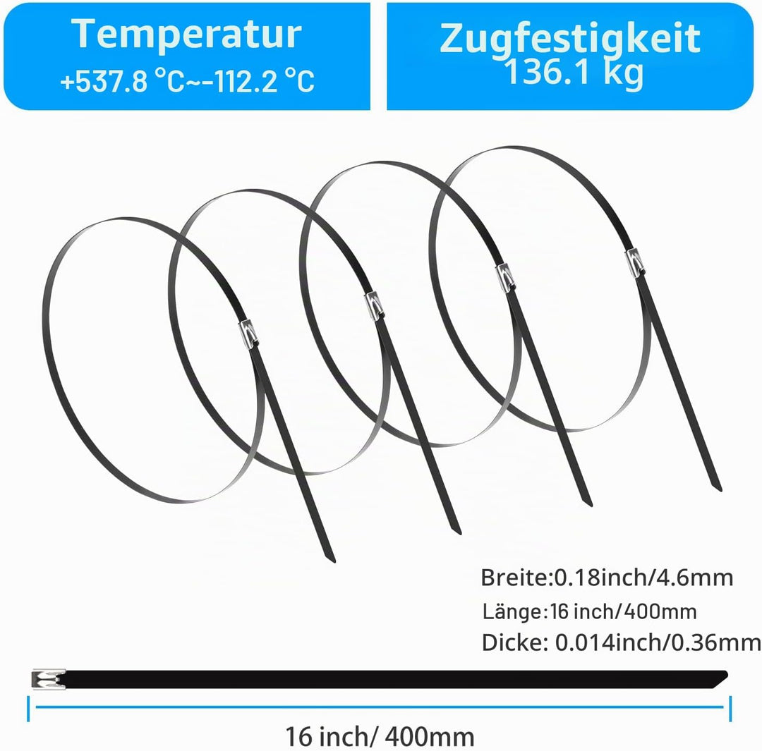 XINGO 100 Stück Edelstahl Kabelbinder, 400 x 4,6mm, Metall 304, Robuste Mehrzweck-Kabelbinder für Au