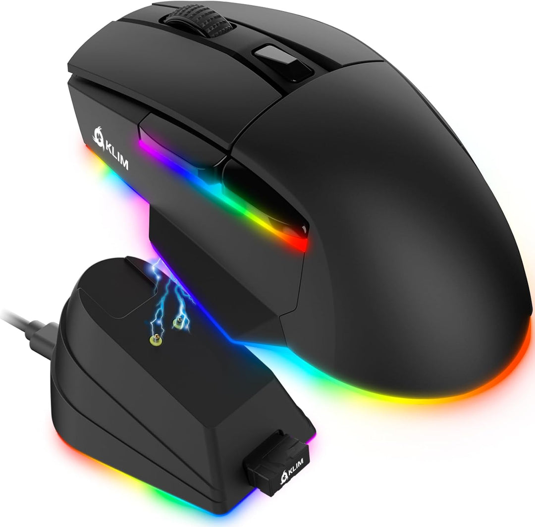 KLIM Blaze X RGB + NEU 2023 + Wiederaufladbare kabellose Gaming-Maus mit Ladestation + Langlebiger A