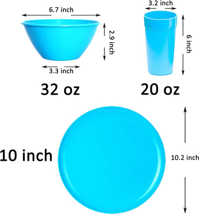 Youngever 18er Set Geschirr aus Kunststoff, Platten (25CM), Schalen (1000ML), Becher (600ML), Dienst