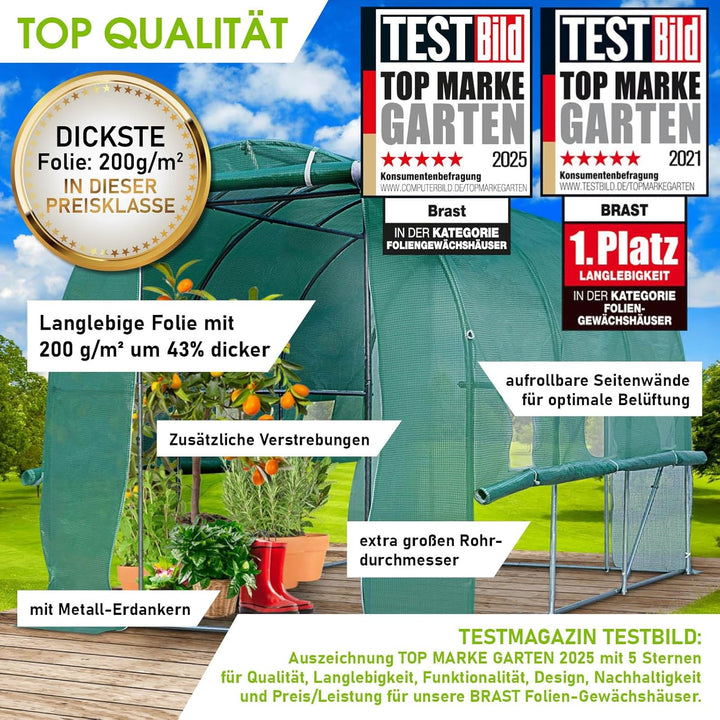 BRAST® Gewächshaus Foliengewächshaus mit Stahlfundament 200x300 cm Seitenwände aufrollbar Erdanker s