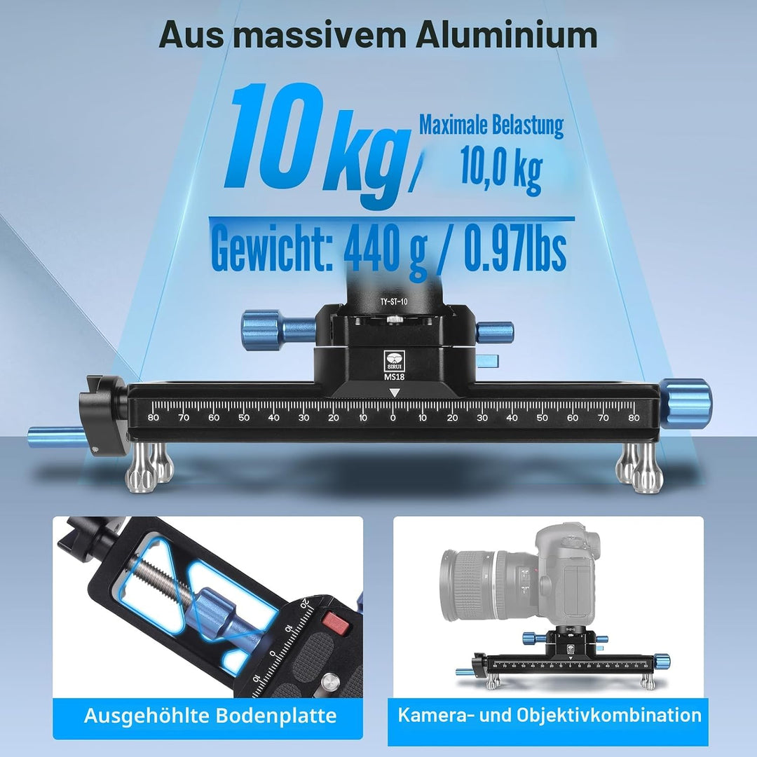 SIRUI MS18 180mm Makro-Fokus-Schiene, 360° drehbare Klemme, Arca-Swiss QR-Platte, für Kameras, Stati