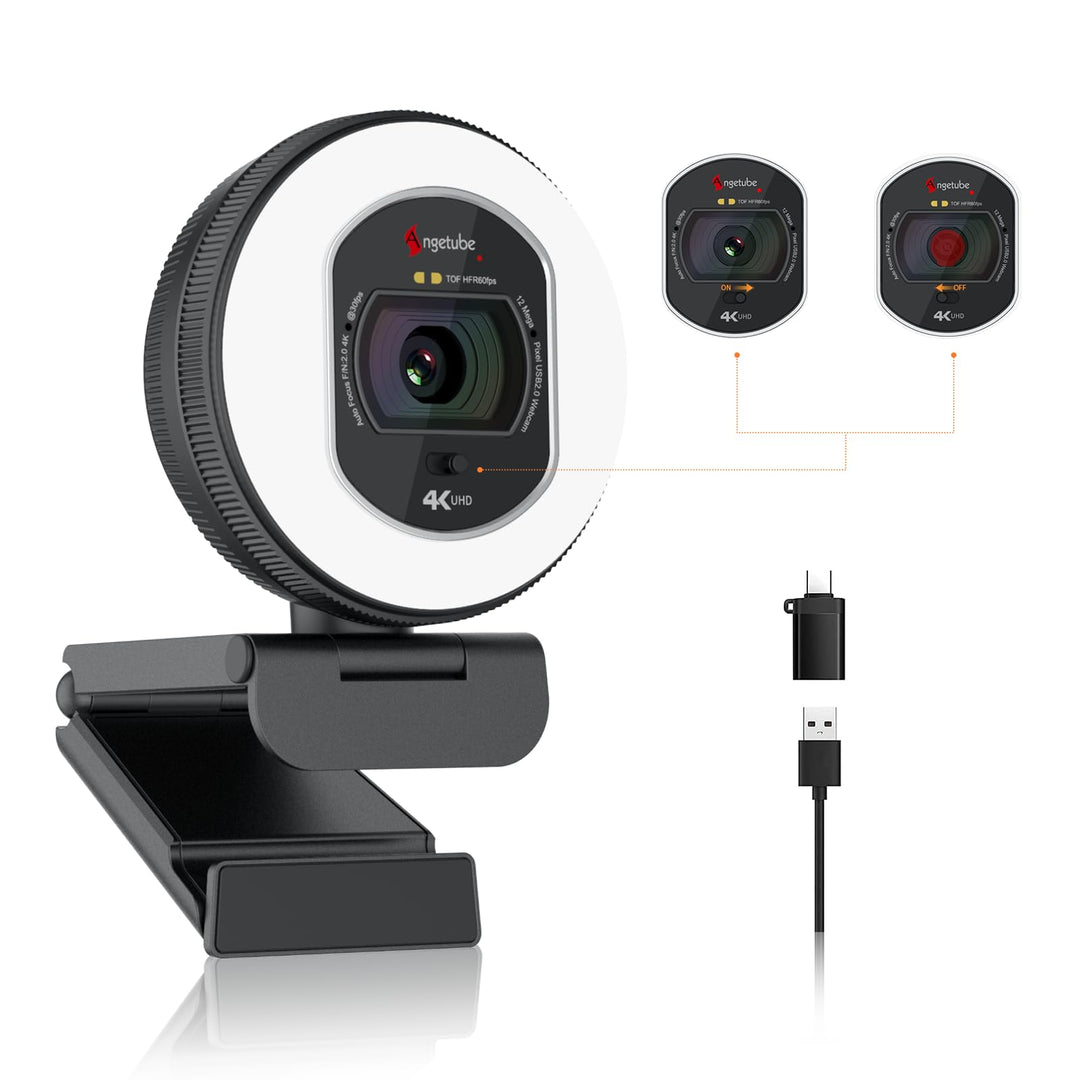 Angetube Webcam 4K mit Licht – Streaming-Kamera für PC mit Dual-AI-Rauschunterdrückungs-Mikrofon, Au