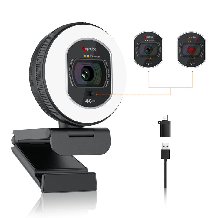 Angetube Webcam 4K mit Licht – Streaming-Kamera für PC mit Dual-AI-Rauschunterdrückungs-Mikrofon, Au