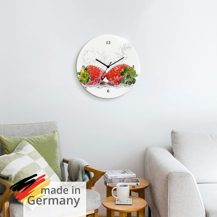 ARTLAND Wanduhr ohne Tickgeräusche Glas Quarzuhr Ø 30 cm Rund Lautlos Obst Früchte Erdbeere im Wasse