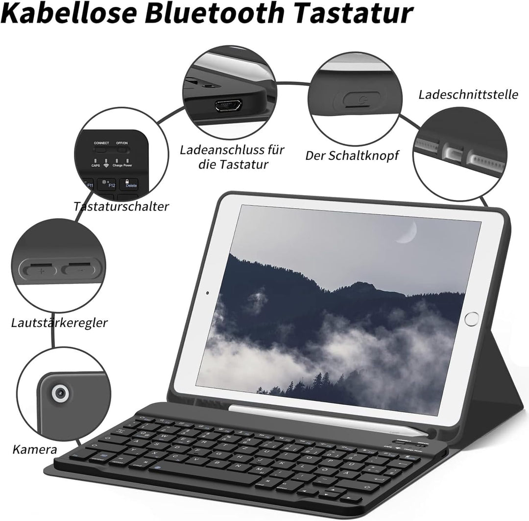 aoub Hülle mit Tastatur für iPad 9. Generation/iPad 8. Generation/iPad 7. Generation, Hülle mit Tast