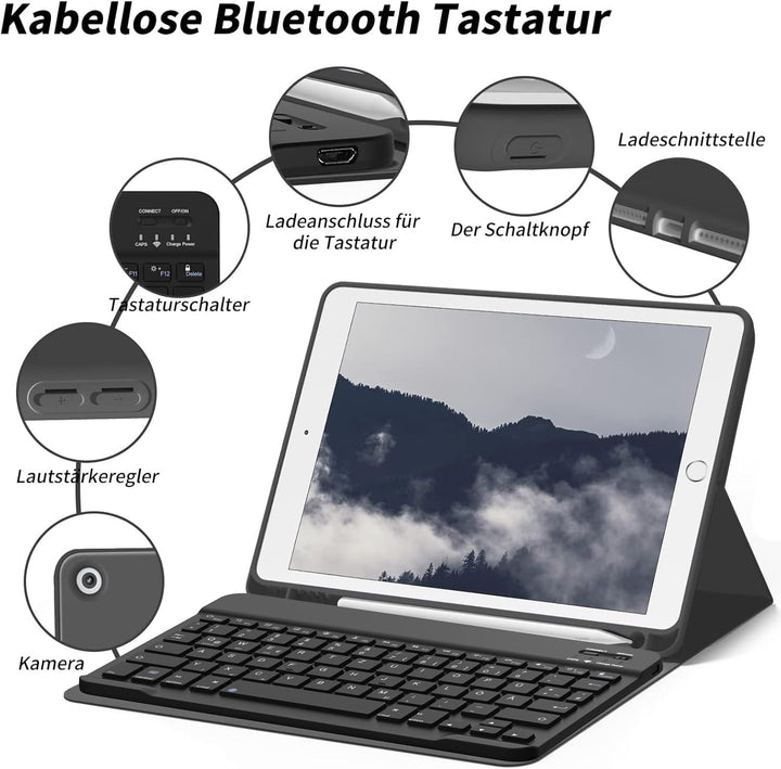 aoub Hülle mit Tastatur für iPad 9. Generation/iPad 8. Generation/iPad 7. Generation, Hülle mit Tast