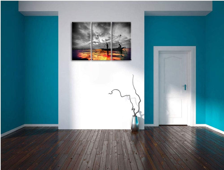 Angler angeln mit grossem Fangnetz auf See schwarz/weiss 3-Teiler Leinwandbild 120x80 Bild auf Leinw