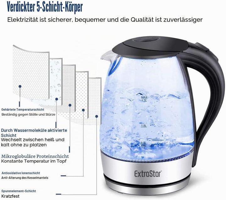 EXTRASTAR Elektrischer Wasserkocher aus Wasserglas mit blauem LED-Licht, bpa, automatischer Abschalt