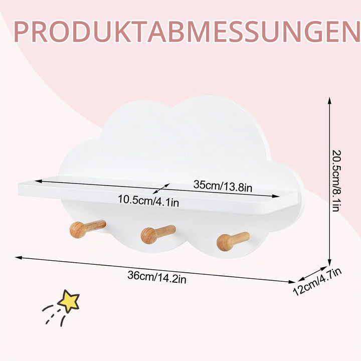 WOLTU 2er Set Wolkenregal, Kinder Garderobenhaken, Wandregal mit Haken, Hängeregal, Schweberegal wei