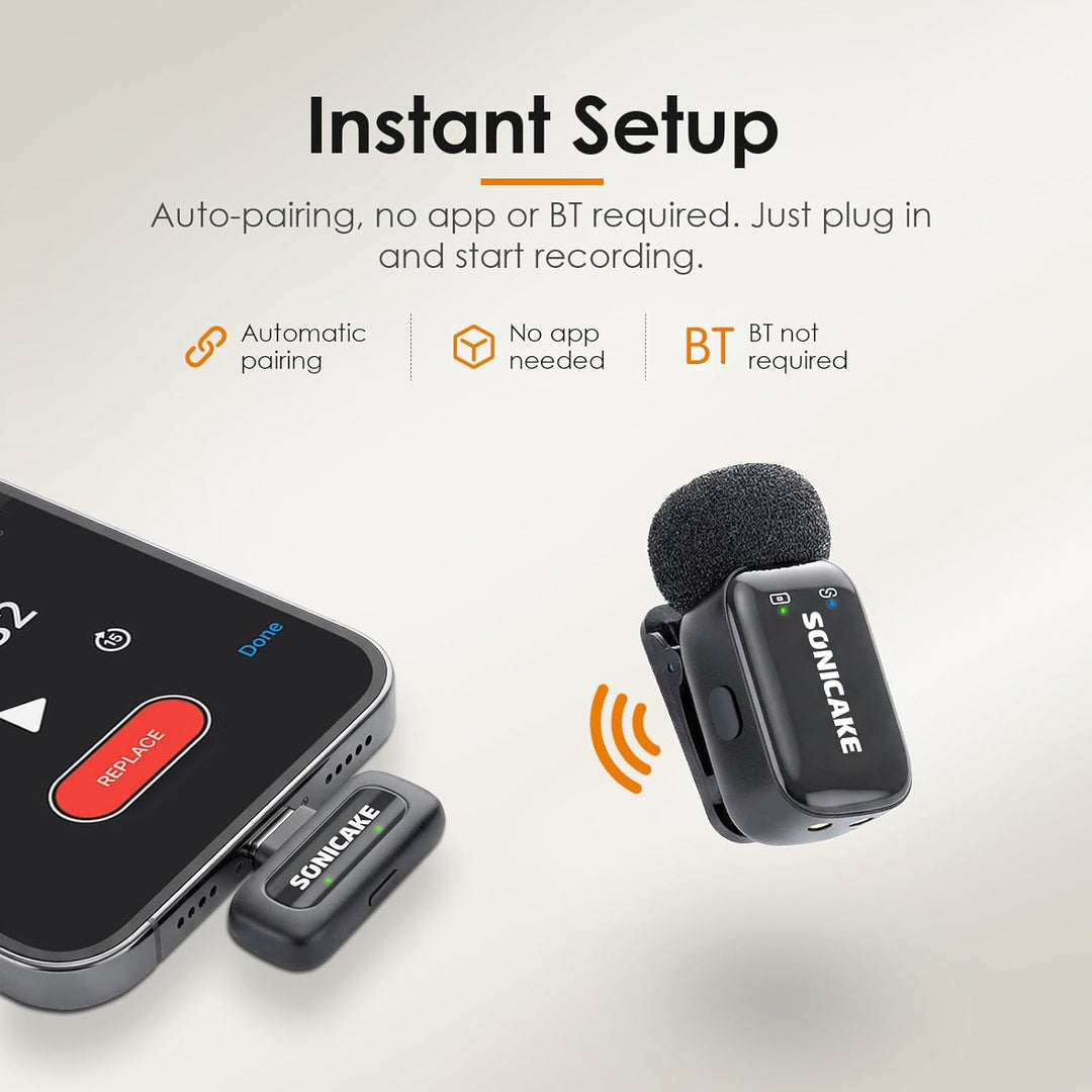 SONICAKE Mini Wireless Mikrofon, 2,4 GHz Dreistufige Geräuschunterdrückung | Kompatibel mit iPhone/A