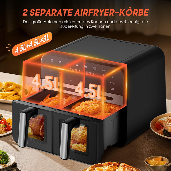 Airfryer,Heissluftfritteuse mit Sichtfenster,Heissluftfritteuse 2 kammern,Match & Synchronisierungsf