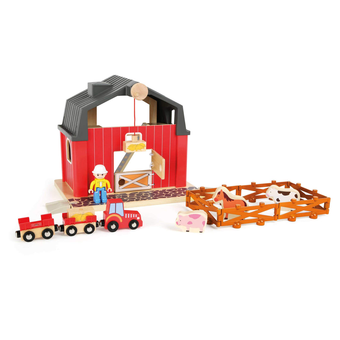 small foot 10800 World Bauernhof aus Holz, mit magnetischem Kran, Trecker mit Anhängern, Zaunmodule