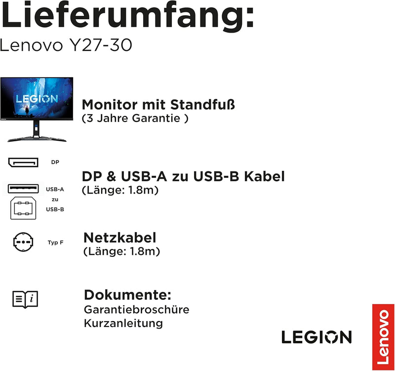 Lenovo Legion Y27-30 | 27" Full HD Gaming Monitor | 1920x1080 | 180Hz | 400 nits | 0,5ms Reaktionsze