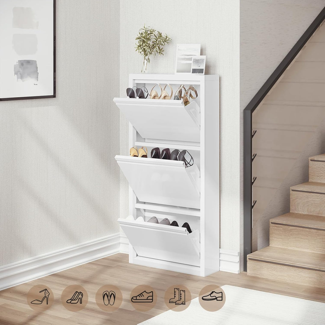 WOLTU Schuhschrank mit 3 Klappen, Schuhregal geschlossen, Schuhkommode schmal, aus Metall, für Flur