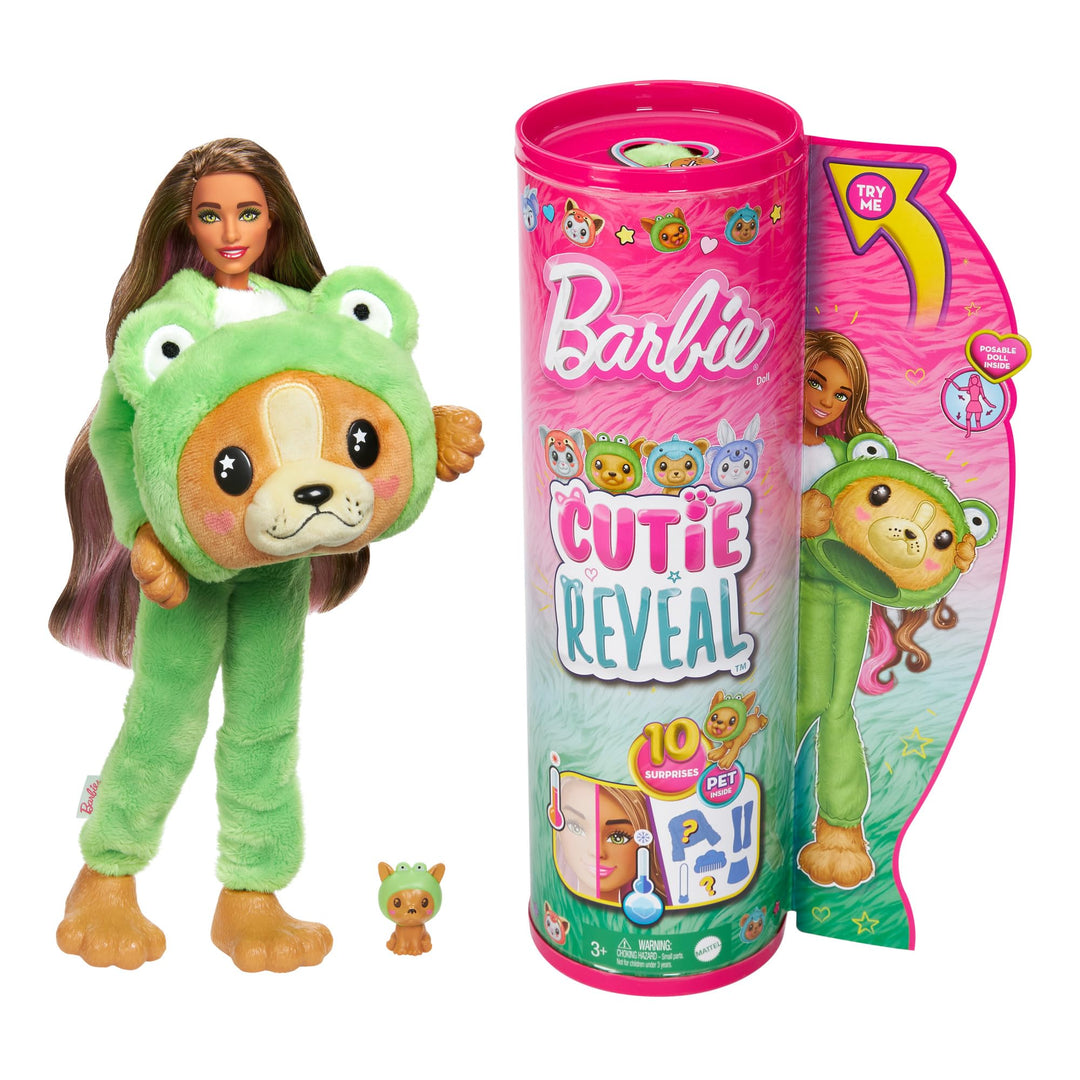 BARBIE Cutie Reveal Puppe - 10 Überraschungen in einer Verpackung, inklusive niedlichem Hund in grün
