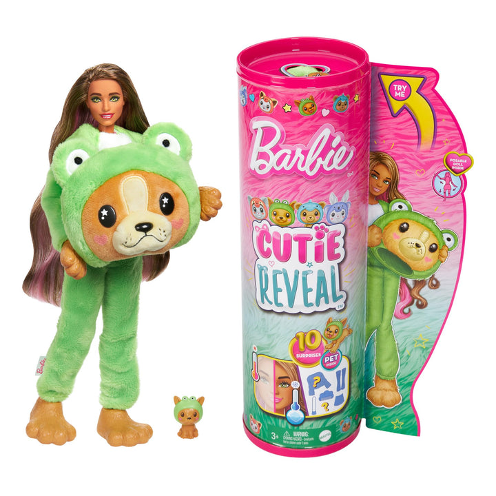 BARBIE Cutie Reveal Puppe - 10 Überraschungen in einer Verpackung, inklusive niedlichem Hund in grün