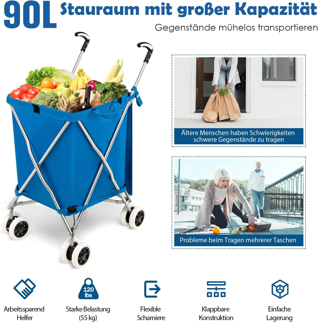 GOPLUS Klappbarer Einkaufswagen mit Rädern, Leichter Einkaufstrolley mit Zwei Lenkrollen, Abnehmbare