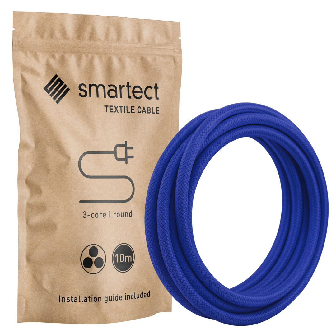 smartect Textilkabel 3-Adrig (3 x 0.75 mm²) Dunkelblau, 10 Meter | Vintage Lampenkabel Stoff, Stromk