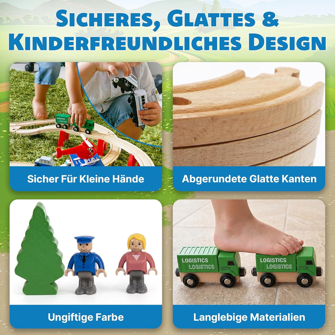 Green series Holzeisenbahn Set für Kinder - Eisenbahn Holz | Spielzeug Zug | Polizeistation, Autobah